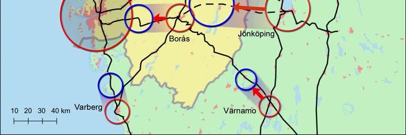 Regionförstoringen illustreras av nedanstående karta där städer symboliskt flyttar sig till ett läge närmare Göteborg.