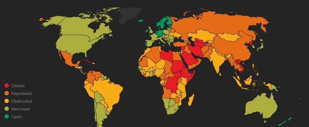 4/10 1 Demokratisk samhällsutveckling Samhällsnivån Sverige beskrivs av den globala organisationen Civicus som ett av 14 länder i världen där det civila utrymmet betecknas som öppet.