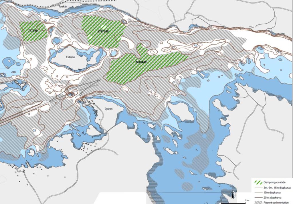 Avståndet från mudderområdet till område A är ca 6 km, till område B ca 8 km och till område C ca 7 km. A B C Figur 9. Studerade alternativ för dumpning av muddermassor.