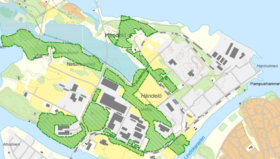 Figur 15. Naturreservat på Händelö (källa: NOKA) Esterön Esterön med omgivande vatten är avsatt som naturreservat. Ön består av både skogsmarker och öppet odlingslandskap med ängar och hagar.