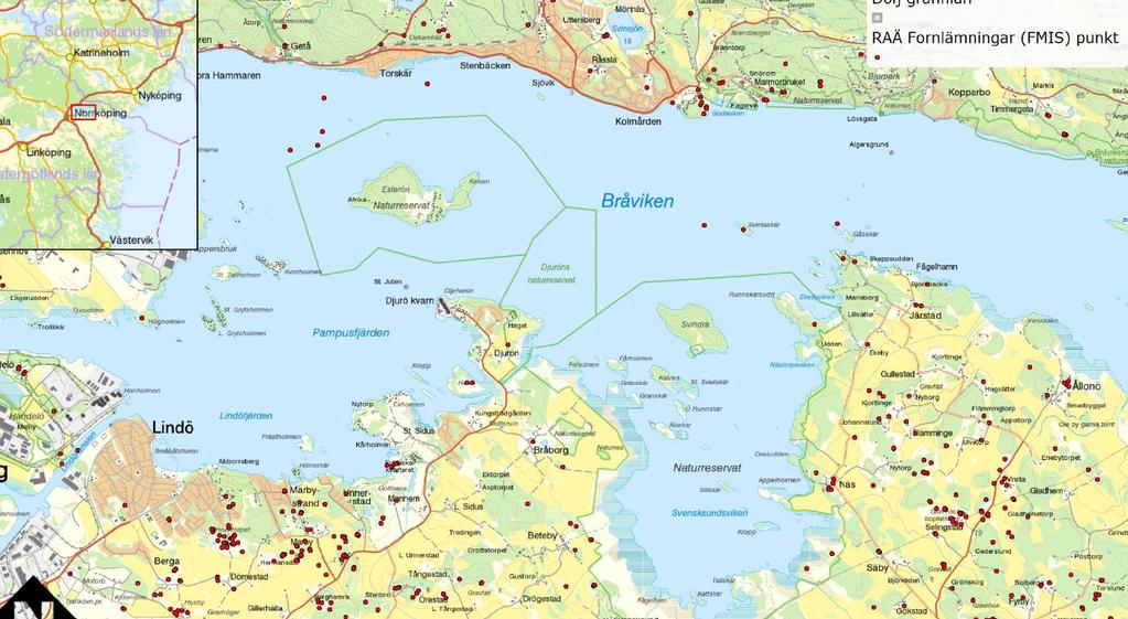 fornminnesregister visas i Figur 23. Figur 23. Karta över rapporterade fornlämningar.