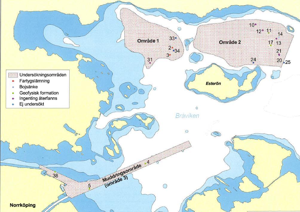 Figur 24. Undersökningsområde för marinarkeologi i "inseglingsprojektet". Länsstyrelsen (Ekstrand B) har meddelat att de anser att hamnområdet och de två tidigare dumpningsområdena är färdigutredda.