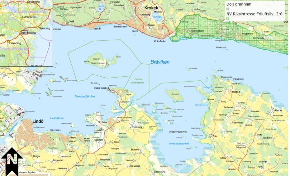 Figur 25. Karta över riksintresse för friluftsliv. (källa: Länsstyrelsen webbgis) Det finns många ställen i inre Bråviken som används som badplatser. Det finns bl.a. två kommunala badplatser, Lindöhamnen och Bodaviken, men även många andra badplatser finns spridda runt hela Bråviken.
