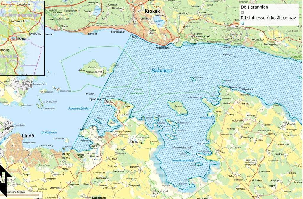 Figur 26. Karta över riksintresse för yrkesfiske i Bråviken. Enligt Länsstyrelsen bedrivs det numera inget yrkesfiske i inre Bråviken.