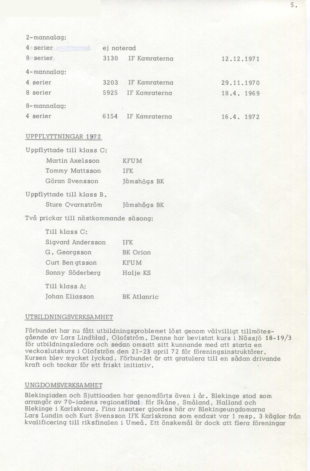 5. 2-mannctlag: 4 serier 8 serier 4-mannalag: 4 serier 8 serier 8- mannalag: 4 serier ej noterad 3130 IF Kamraterna 3203 IF Kamraterna 5925 IF Kamraterna 6154 IF Kamraterna 12.12.1971 29.11.1970 18.4. 1969 16.