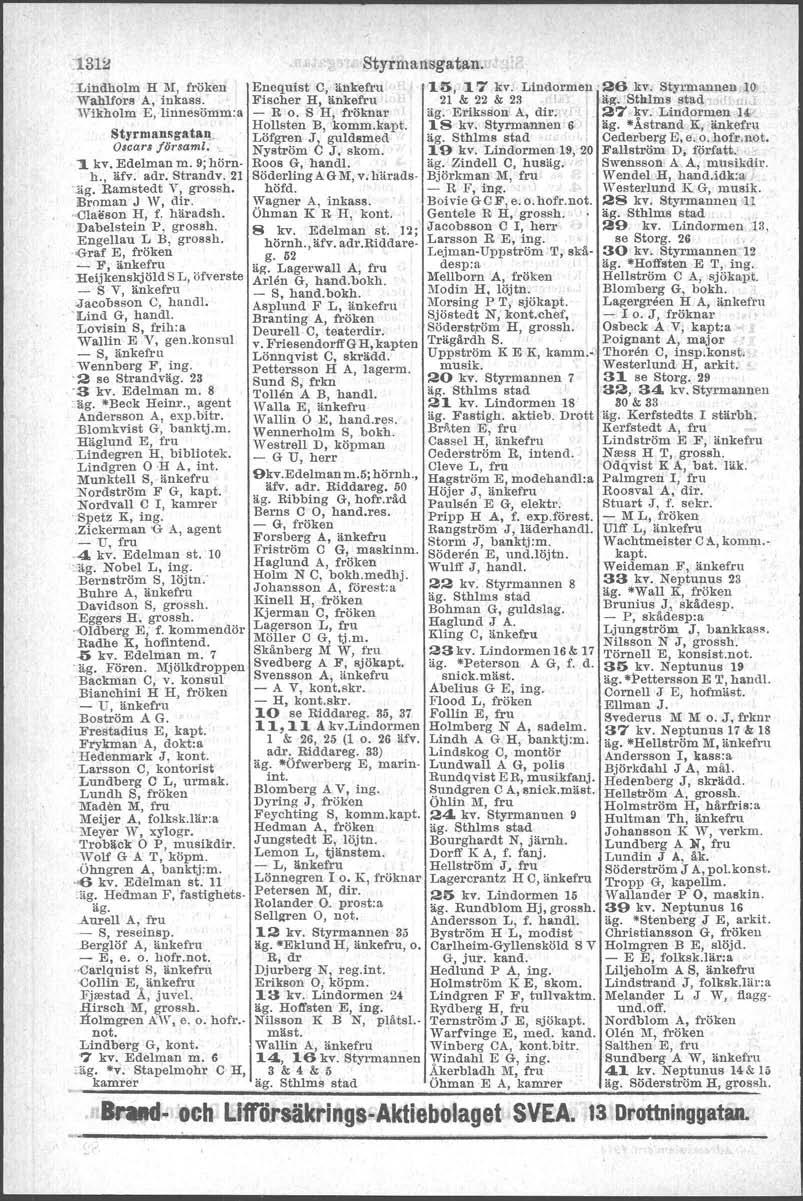 :131:& :Lindholm H M, fröken Enequist C, änkefru 15, 17 kv. Lindormen 26 kv. Styrmanuen 10 Wahlfors A, inkass. Fischer H, änkefru 21 & 22 & 23 äg. 'Sthlms sta4, ~Vikholm E,!innesömm:a - R o.