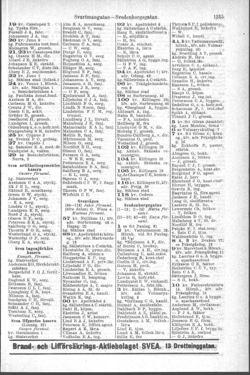 .19 kv. Cassiopea 2 äg. Tyska. förs. ForseH J. A, fabr. Johansson J A, ing. 20 kv. JUllO S äg. Fnhrmanska test.fond. Malmgren W, grossh. 21, 23kv.Cassiopea3&4 äg. Olsson H M, dir. Allard J E.