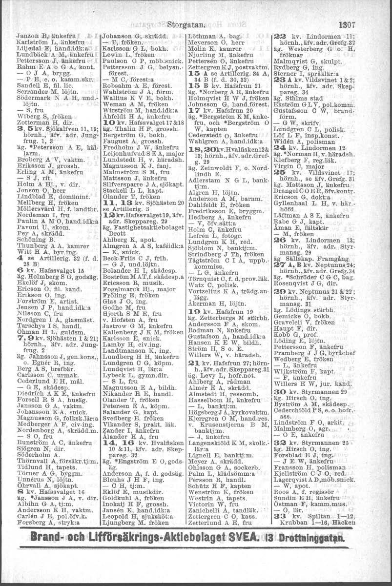 'Storgatan, Janzon R{ änkefru Johanson G, skrädd. Löthman A, bag..karlström I", änkefru;.:. - T, fröken. Meyerson O, herr Ltljedal: E-i hand.idk:a Karlsson p L: bokh.,molin K, kamrer LundbäckfA.