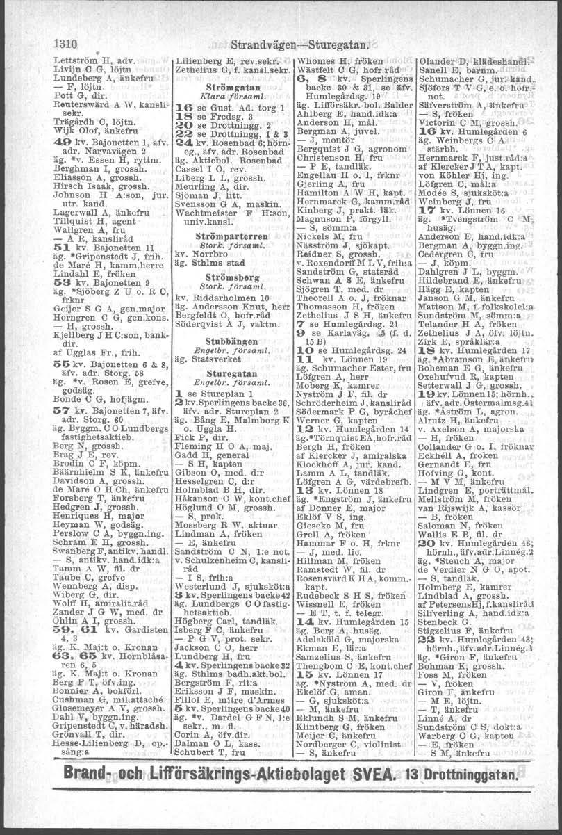 1310. Lettström H, adv, Livijn C G, löjtn. Lundeberg A, änkefru - F, löjtn. Pott G, dir. Reuterswärd A.'V, kanstisekr. Triigårdh O, löjtn. Wijk Olof, änkefru 49 kv. Bajonetten I, äfv. adr.