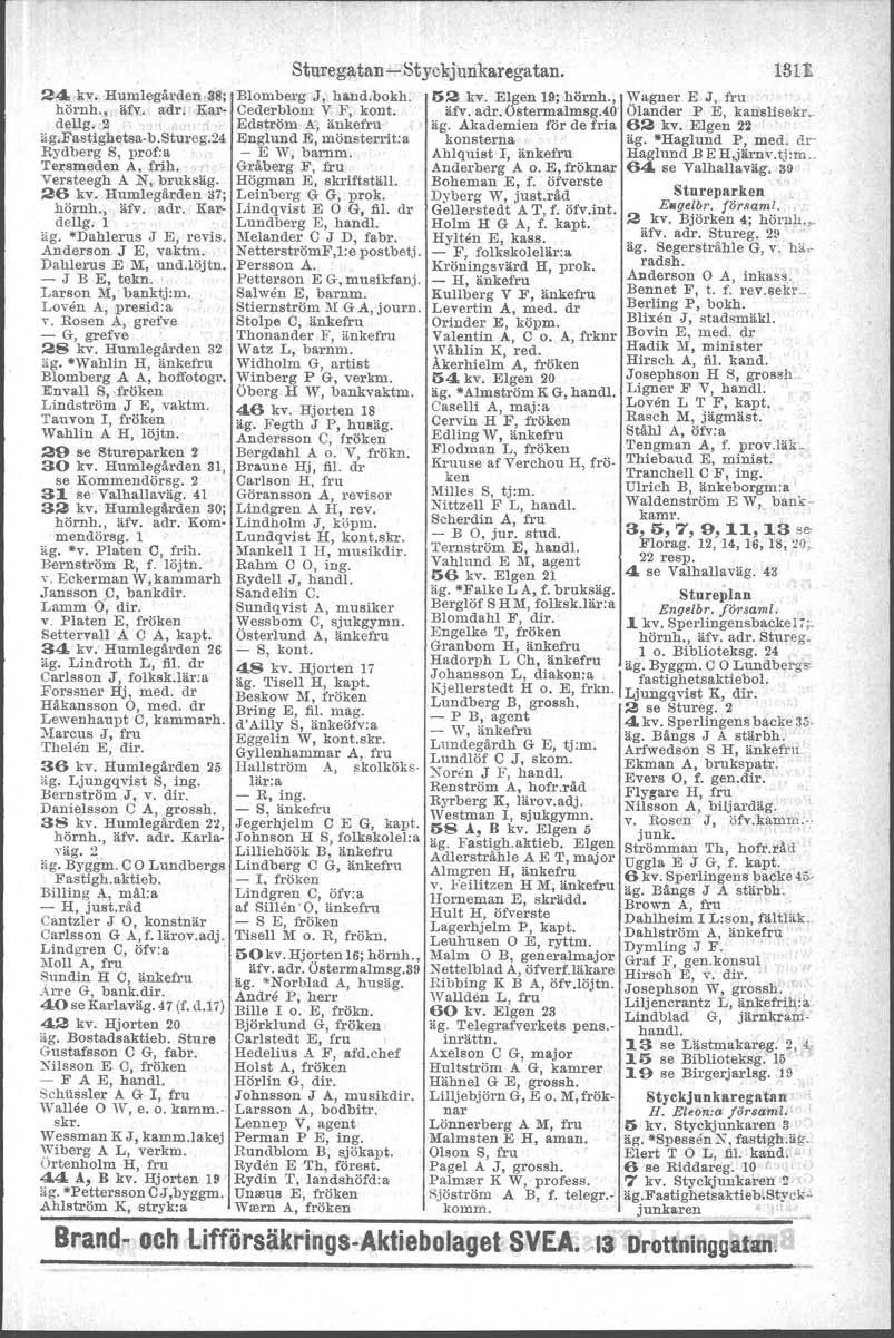 24, kv, Humlegitr~en,38; hörnh., äfy. adr. Kardellg. ~ äglfastighetsa b.stul'eg.24 Rydberg S, prof:a Tersmeden A, frih. Verateegh A N, bruksäg. 26 kv. Humlegärden 37; hörnh., äfv. adr. Kardellg. l äg.