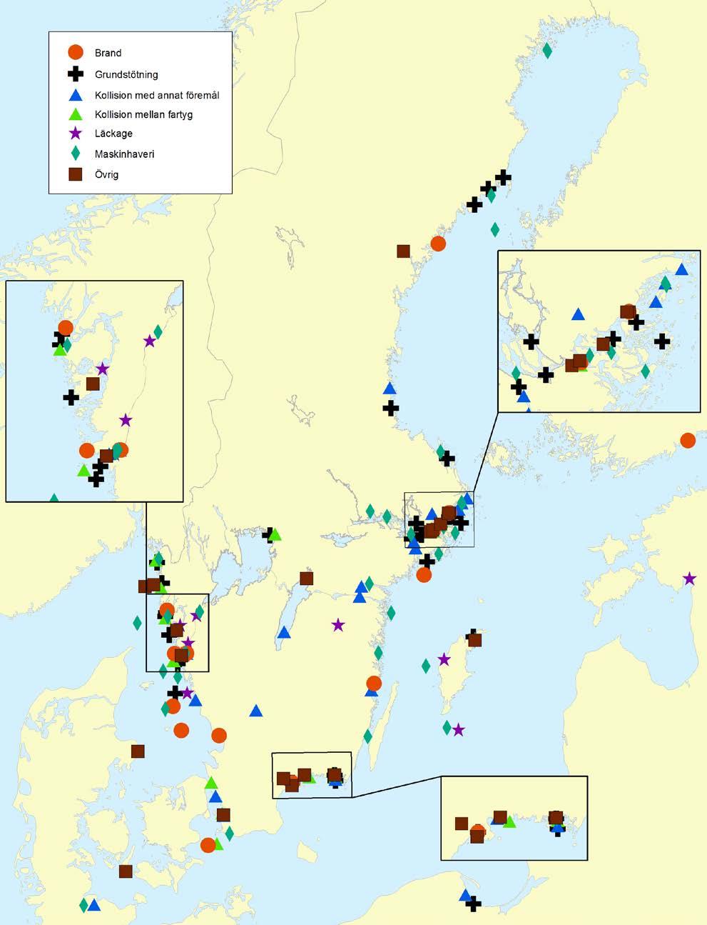 3 YRKESSJÖFART Figur 19. Geografisk fördelning av sjöolyckor 2015.