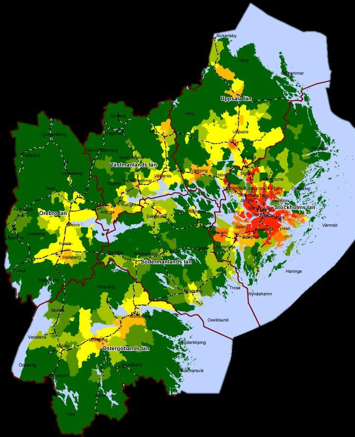 Figur 30. Arbetsplatser inom 60 min med kollektivtrafik i ett storregionalt perspektiv.