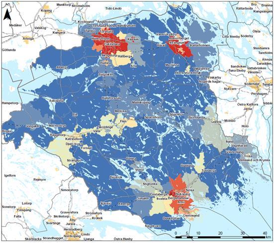 Tillgänglighetsanalysen visar att den inomregionala tillgängligheten är relativt god från och till våra kommunhuvudorter i länet och de arbetsställen som finns i Sörmland.