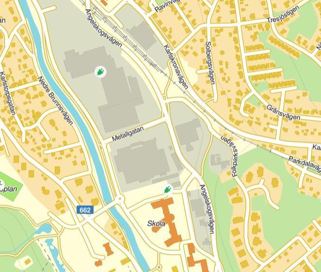 B) Direkt norr om korsningen Angelskogsvägen/Metallgatan föreslås en ny GC-överfart över Angelskogsvägen, för att GC-trafikanter som kommer norrifrån längs Angelskogsvägen ska kunna ta sig till