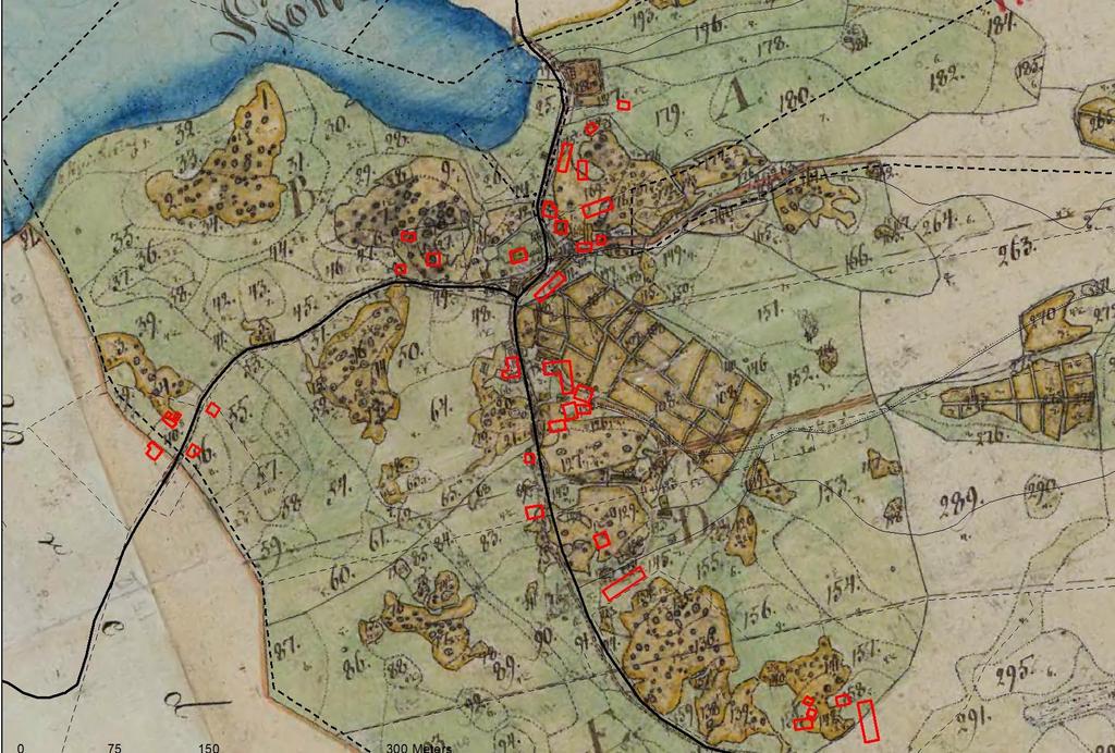 På kartan från 1835 ligger dagens karta med röda