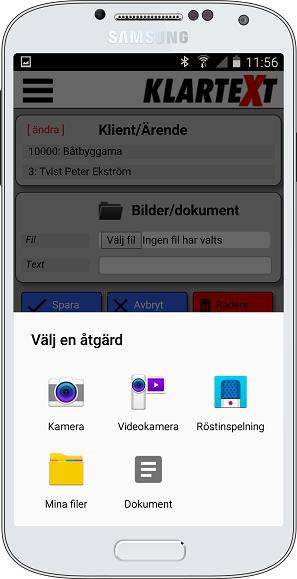 Registrera bild / dokument Klient och ärende väljs på samma sätt som för tidposten.