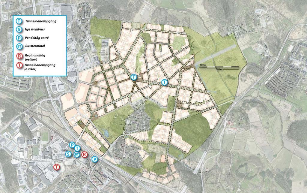 Figur 3. Placering av tunnelbaneuppgångar, busshållplatser och pendeltågsstationer på och omkring Barkarbyfältet år 2030.