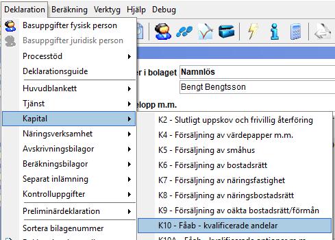 Överföring från FA2 (fåmansmodulen) till K10 När allt är klart i fåmansmodulen så öppnar du blanketten K10 som du hittar under menyn