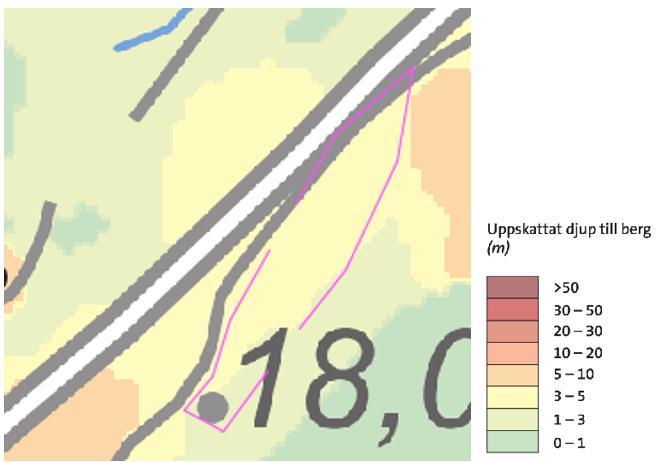 SGU:s jorddjupskarta visar att jorddjupet inom planområdet varierar, se figur 9. I de områden som ligger på berg kommer jorddjupet att ligga mellan 0-3 meter.