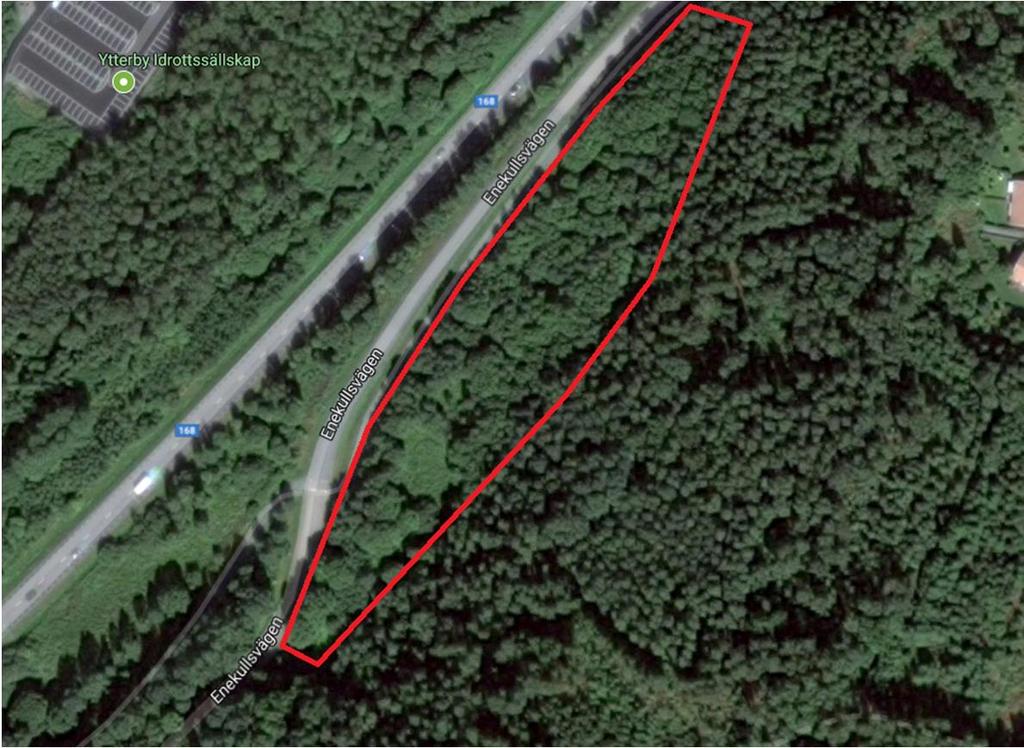 Figur 2. Planområdet, (Källa: Google Maps). Området som utreds är idag oexploaterat och uppskattas till 1,2 ha och utgörs främst utav naturmark, se figur 2.