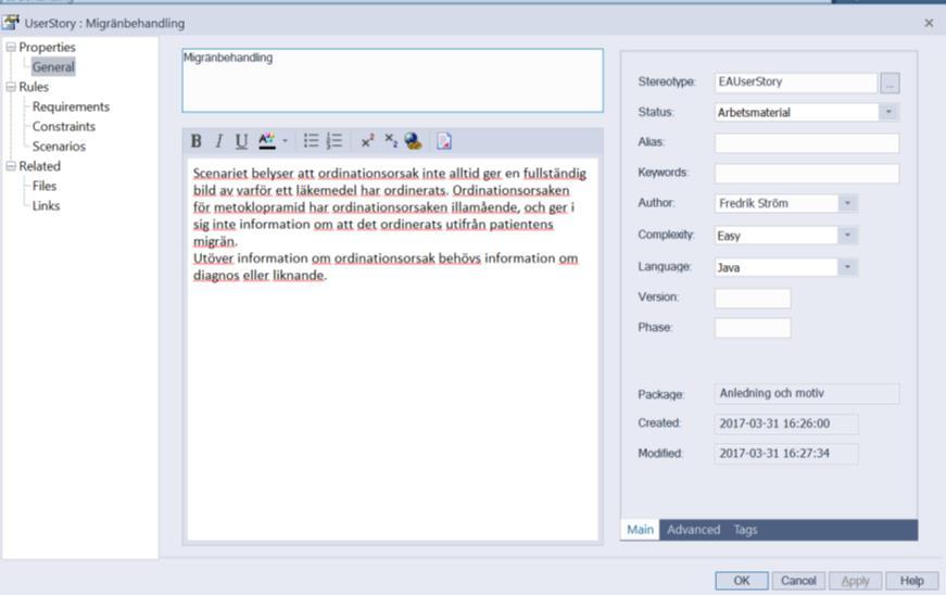 2018-05-15 15 (34) Figur 5: Exempel på dokumentation av ett scenario 7.2.3 Kompletterande information Scenarier kan kompletteras med information med hjälp av tagged values.