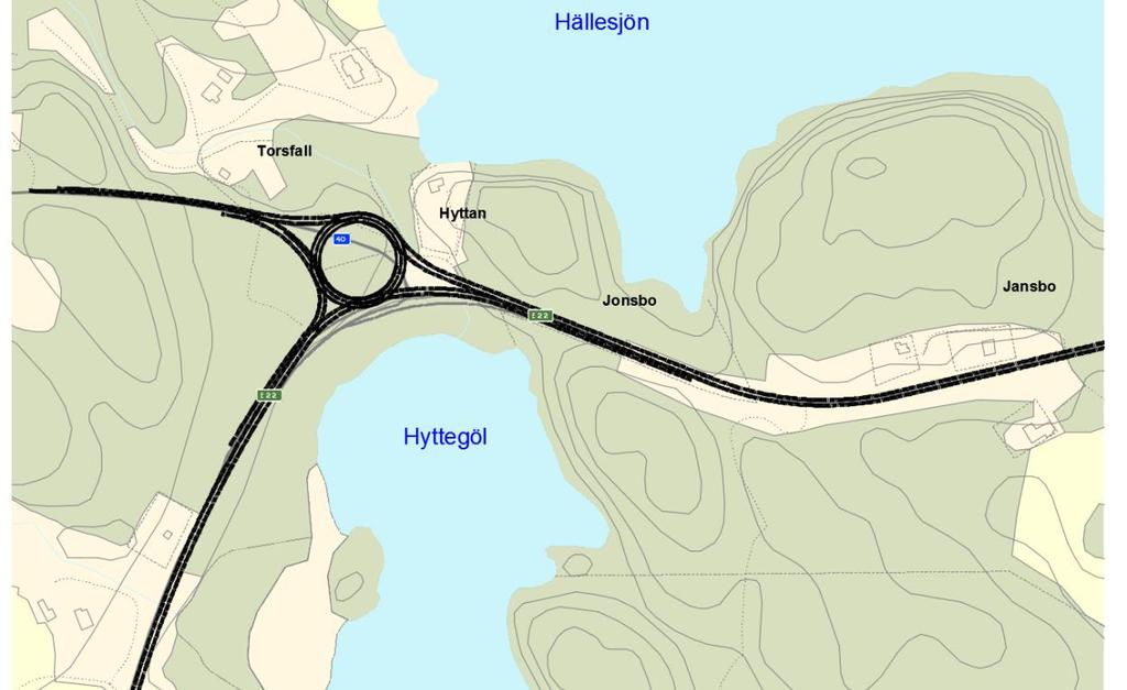 Vägskälet E22/RV40 (Hyttan) är lokaliserat nordväst om sjön Hyttegöl, vilket kraftigt begränsar möjligheten att anpassa linjeföringen utan väldigt kostsamma