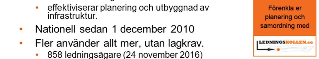 Togs i nationell drift december 2010, efter pilottester i Uppsala som startade i september 2009. Det blir fler ledningsägare hela tiden, cirka 100 per år.