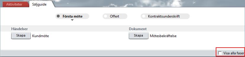 Säljguide där bara händelser och dokument för aktuell fas visas: Säljguide där alla händelser och dokument för alla faser visas: Exempel på säljguide Vilka försäljningstyper som ska ha en säljguide