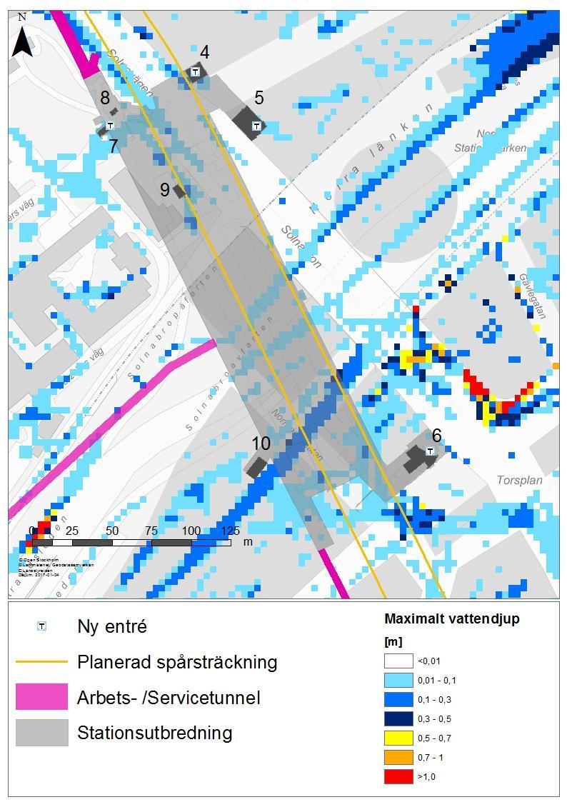 22 Beskrivning Figur 10. I figuren visas objekt 410 kring Hagastaden och maximalt vattendjup under simuleringen i respektive beräkningscell utifrån den befintliga skyfallskarteringen.