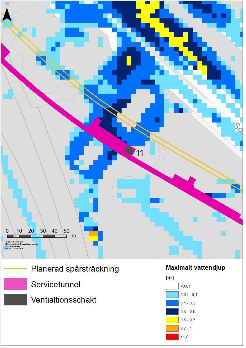 22 Beskrivning 3.11 Hagastaden Ventilationsschakt Det beräknade vattendjupet i de relevanta beräkningscellerna uppgår till 24 centimeter, se Figur 11.