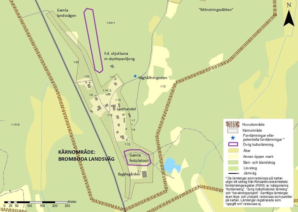 Karta över kärnområde Bromboda landsväg. Kärnområde Bromboda landsväg Söder om bondbyn, där byvägen mynnar ut i den gamla landsvägens sträckning, finns en mindre gruppering av hus.