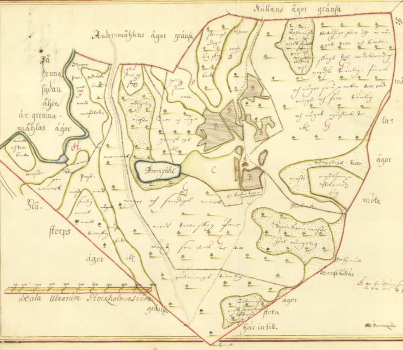 1693 års avmätning av Brombodas ägor. Bromboda utgjorde då ett kronohemman, d.v.s. byns ägor ägdes av kronan men brukades av en enskild person med åborätt.