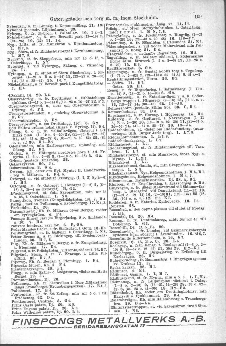 Gator, gränder och torg m. m, inom stockholm. Nybergsg., Ö. f;. Linneg. t. 'Kommendörsg. 11. 13. Provisoräska sjukhuset, s., Åsög. 97. 1i. 17. Nybohof (postadr. Liljeholmen). 33. Prästg., st.