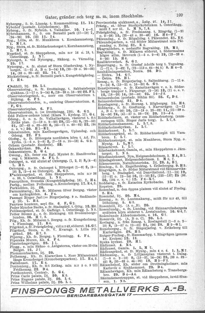 Gator, gränder och torg m. m, inom stockholm. Nybergsg., Ö. f;. Linneg. t. 'Kommendörsg. 11. 13. Provisoräska sjukhuset, s., Åsög. 97. 1i. 17. Nybohof (postadr. Liljeholmen). 33. Prästg., st.