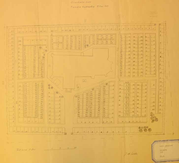 Häckar och busksolitärer På en odaterad plan över kyrkogråden har de sym- från 1959 försetts med anteckningar om arter och sorter.