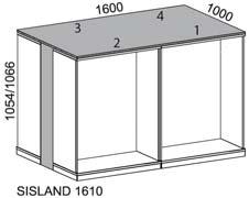 Beställ förvaringen i ordning 1-4 enligt skiss. Inredning finns under resp. förvaringsmodul. Island med 1000 mm djup kan fås med: Toppskiva med eluttag pop-up.