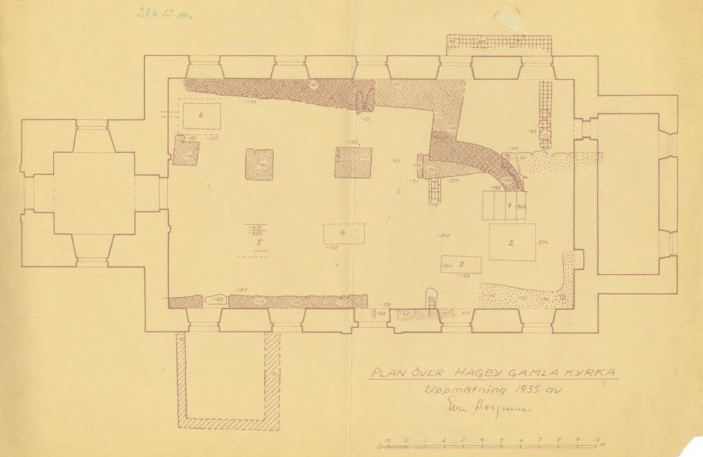 Figur 4. Renritning av uppmätningen genomförd vid undersökningen 1935. Här syns flertalet äldre murar under dagens kyrka i Hagby.