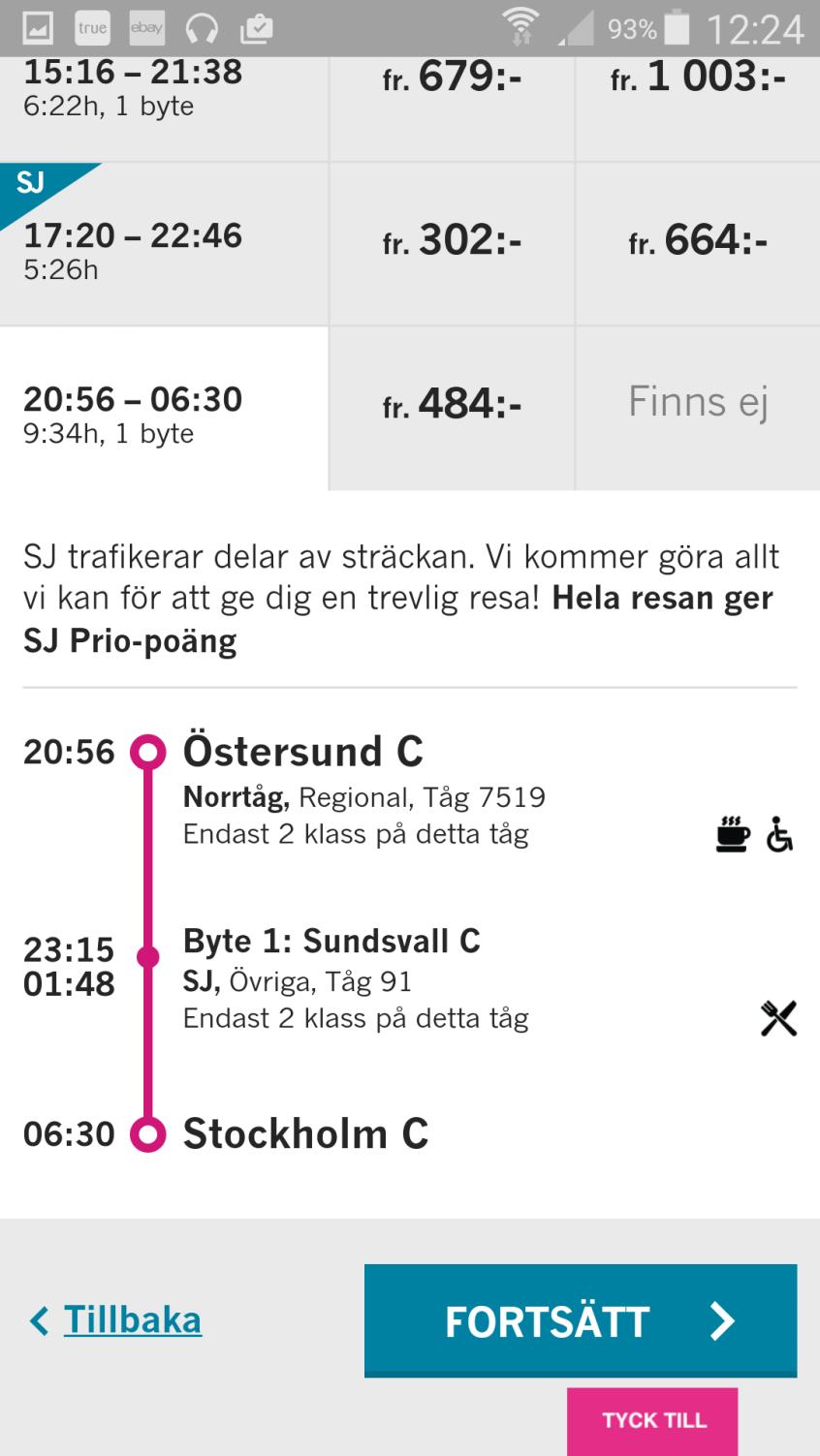 SJs nya bokningssystem beta.sj.se Här väljer man att inte ens visa nattåget som avgår 22.