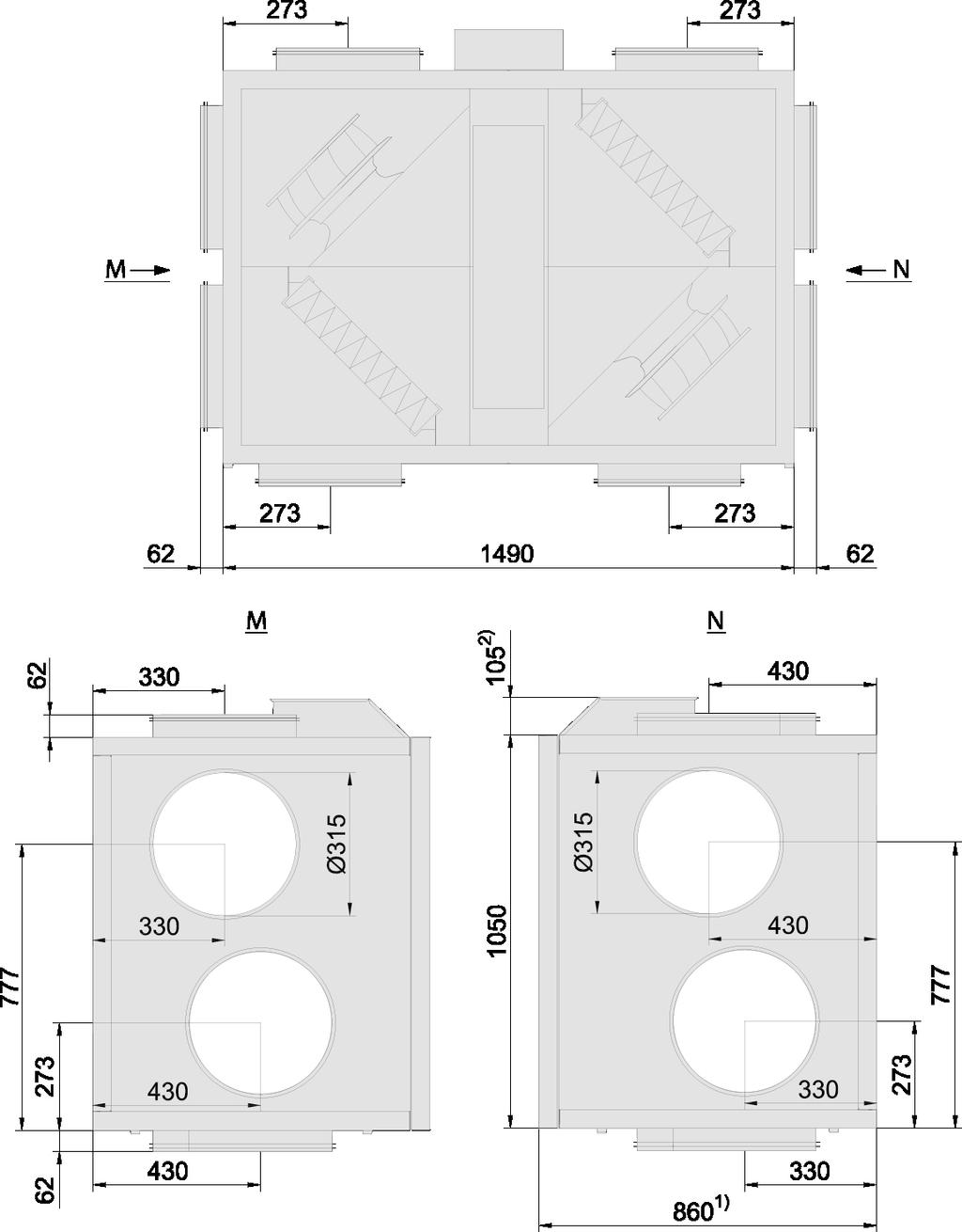 Måttritningar VEX240 VEX240 Fläktplacering