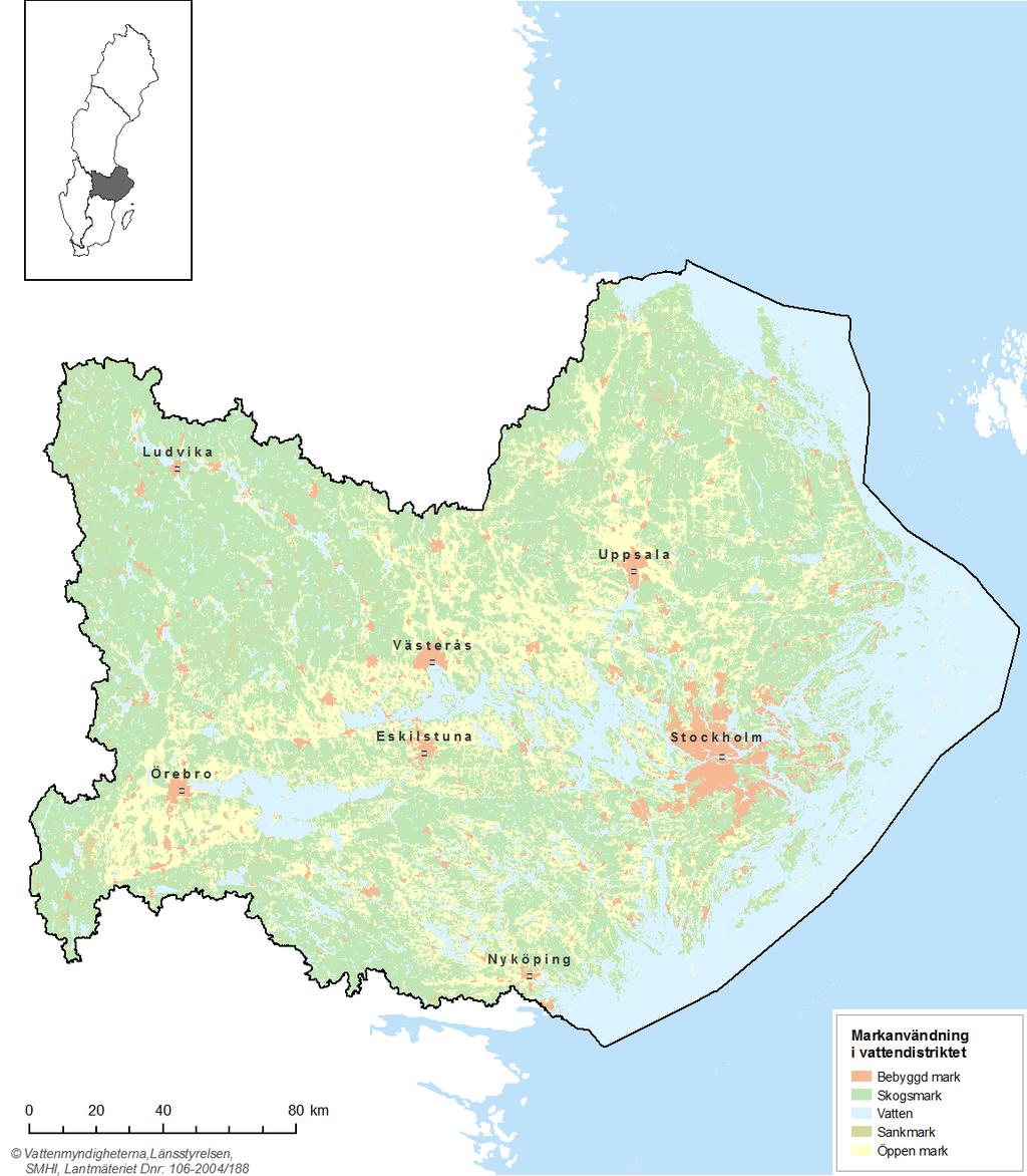 Karta 2.2. Markanvändning i vattendistriktet. Kustområdet är varierat med öppna kuststräckor längst i norr och breda skärgårdsområden längre söderut.