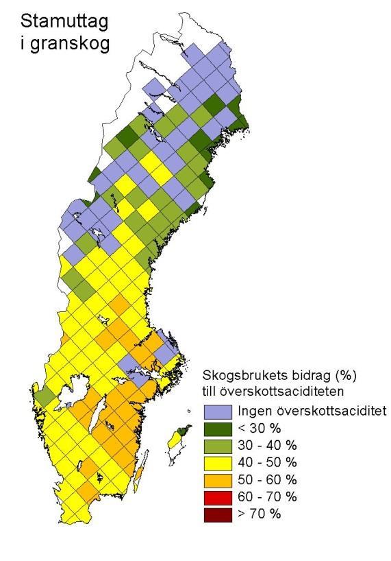 2012 beräknades skogsbrukets bidrag till försurningen av mark i granskog till ca 30-70 procent (diagram 2.12).