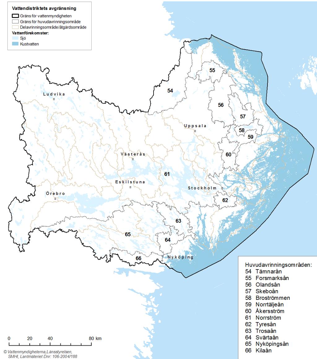 Figur 2. Vattendistriktets avgränsning och större avrinningsområden.