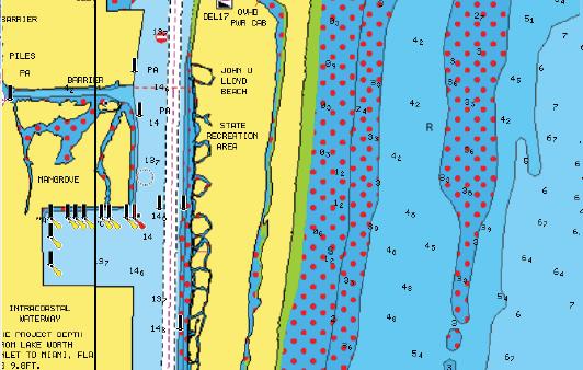 Säkerhetsdjup På sjökorten från Navionics används olika toner av blått för att skilja mellan grunt och