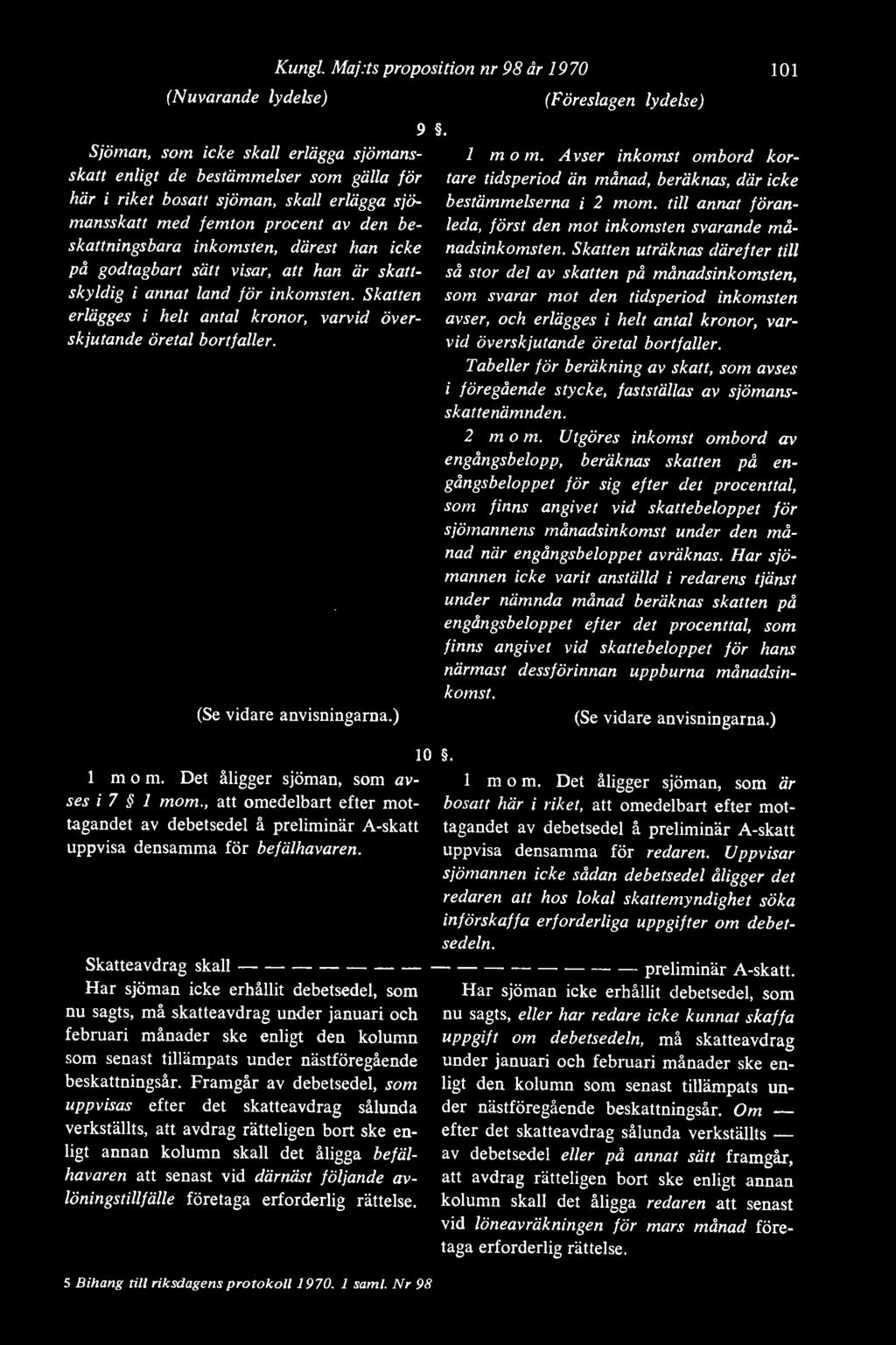 Maj:ts proposition nr 98 år 1970 (Ste vidare anvisningarna.) 10 1 mom. Det åligger sjöman, som avses i 7 1 mom.