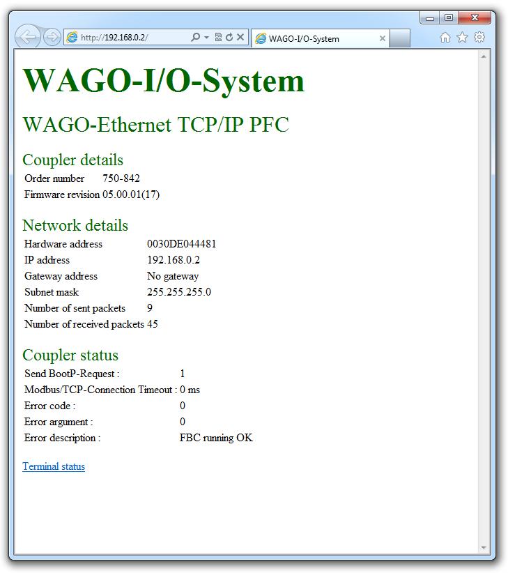 5. Klicka på Visa info som kan ses i figur 5.2, så visas statusinformation från Wago-enheten i webbläsaren enligt figur 5.6.