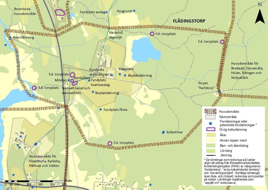 FLÄDINGSTORP Klass 3 Lyckebyåns vägar: Gammalt vägnät; gamla landsvägen/ Kungsvägen och vägen mot Stolpabäck. Milstolpe, stenbro. Lyckebyån som resurs: Kvarnlämning Skogslandets jordbruk: F.d. säteri med huvudbyggnad och tillhörande ekonomibyggnader, t.