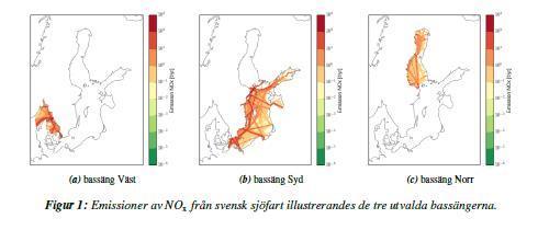 Figur 3. Utsläpp från sjöfart som angör svenska hamnar i tre beräkningsområden runt Sverige, Väst, Syd och Norr. Källa: SMHI (2016).