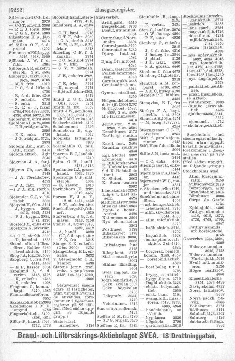 [5222] Silfversvärd CG, f. d. Slöörs R,handl.sterb major 3926 h. 4778, 490 - CGT,omynd.3306 Smedberg A A, enka - E L J, löjtn. 3306 3020 - F G- S, kapt. 4308 - C H, kapt, 398 Siljeström H >.