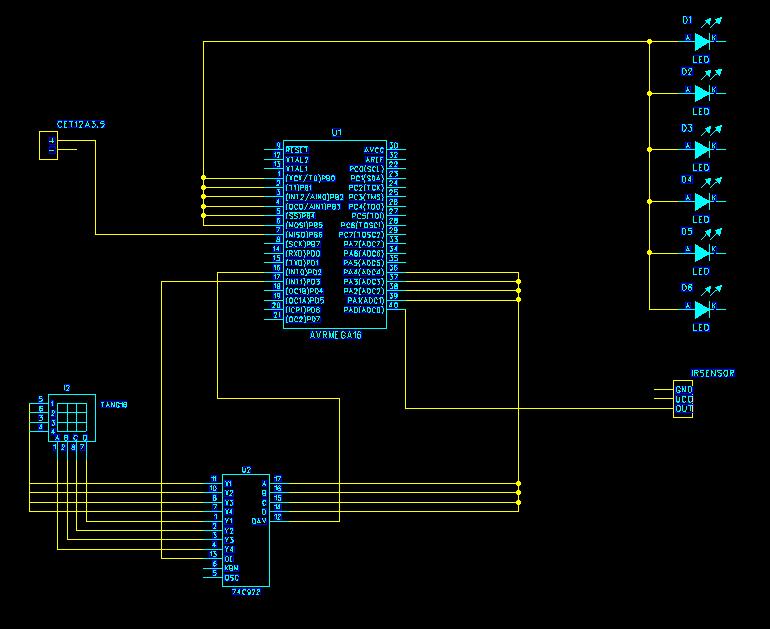 III Hårdvara III.1 Kopplingsschema Figur 2: Kopplingsschema III.2 Processor Den processor som används till larmanläggningen är en ATmega16 AVR 8-bit Microcontroller.