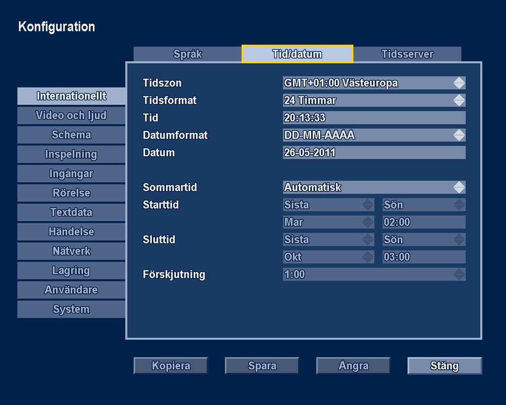 Divar 700-serien Avancerad konfiguration sv 69 6.1.2 Tid/datum Bild 6.2 Konfigurationsmeny - Internationellt - Tid/datum Välj en Tidszon i listan. (Sommartid justeras automatiskt.